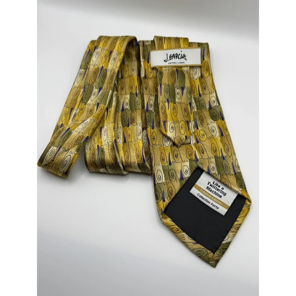 J. Garcia Silk Tie Extra Long Like a Twittering Machine Abstract Gold Art 90s